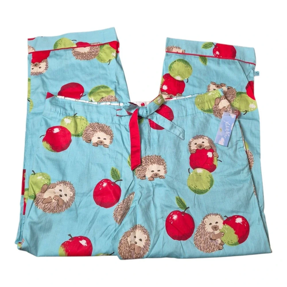 Nick & Nora Women's XXL Hedgehog Apple Pajama Pants Turq Cotton Sleepwear NWT